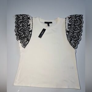 NWT White House Black Market White Top Black/white Lace Ruffled Sleeves Sz LG